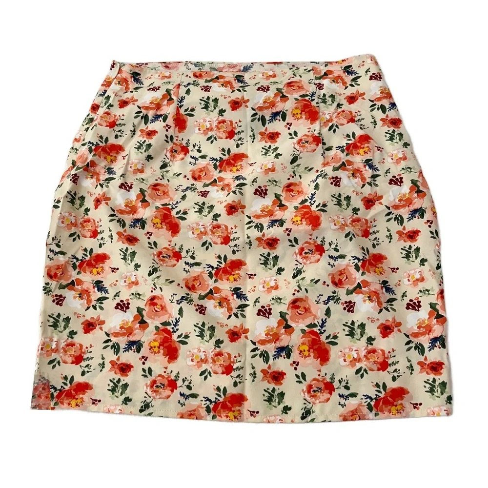 Cider Tan  and Peach Floral Faux Wrap‎ Skirt